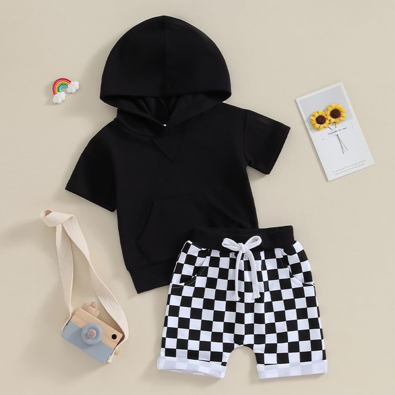 Toddler Baby Boy Summer Hooded Outfit Contrast Color Short Sleeve T Shirt Top Elastic Shorts Summer Clothes Set
