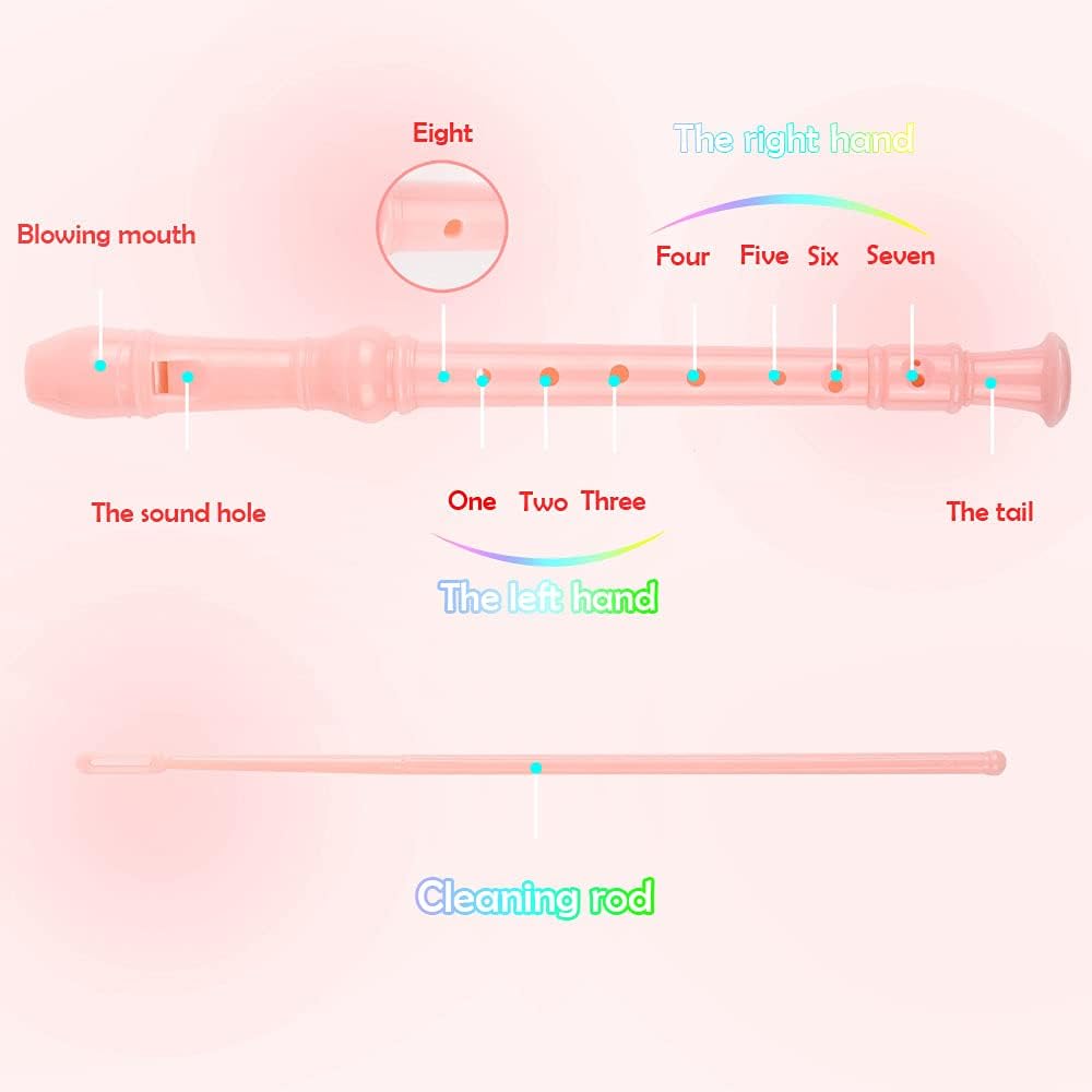 Mr.Power German Style C Key Soprano Recorder 8-Hole 3 Piece Music Musical Instruments for Beginners, Adults with Fingering Chart Cleaning Kit (Pink)