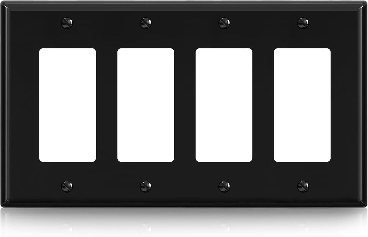 ELEGRP 4-Gang Decorative Wall Plates, Mid-Size 4.88" H x 8.57" L Unbreakable Thermoplastic Faceplate Cover for Decorator Receptacle Outlet Switch, UL Listed (1 Pack, Glossy Black)