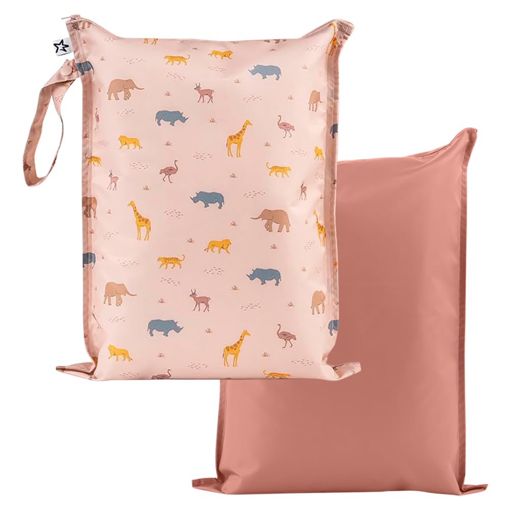 Tiny Twinkle Mess proof Waterproof Wet Dry Bag,2pk Reusable Wet Bags for Swimsuits&Baby Clothes,Leakproof Wet Bag,Waterproof Bag for Travel&Diaper bag,Wet Bags for Baby (Petite Safari)