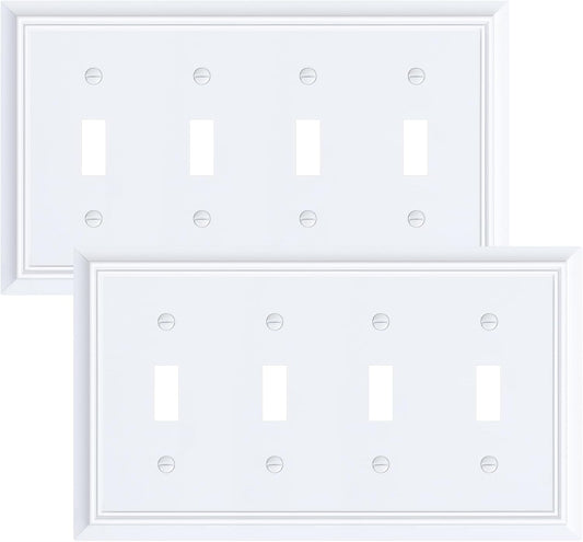 2-Pack Quad Toggle Light Switch Cover Plate, Pure White Decorative Switch Plate Covers, Natural Bamboo Fiber 4 Gang Wall Plate for Toggle Light Switch and Rotary Dimmer Switch
