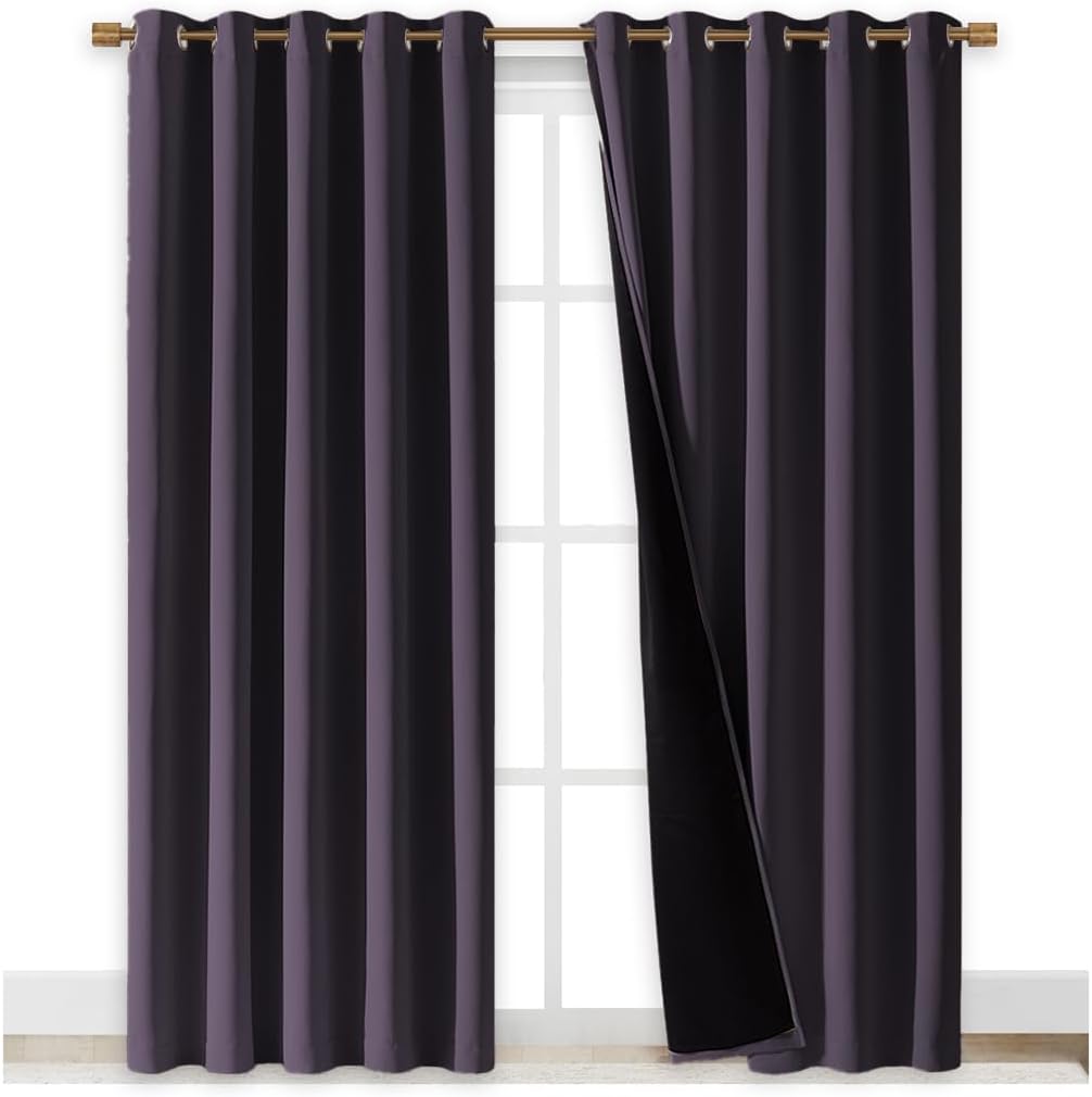 NICETOWN 100% Blackout Window Curtain Panels, Greyish Purple, 2 Pieces, 70" Wide Each Panel, Cold and Full Light Blocking Drapes with Black Liner for Nursery, 84" Drop Thermal Insulated Draperies