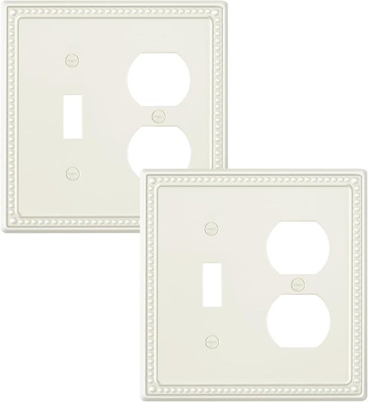 2-Pack Combo Toggle/Duplex Light Switch Cover Plate, Light Almond Metal Wall Outlet Cover Plate, Decorative Classic Beaded Wall Socket Receptacle Cover for Electrical Outlets, Light Switch