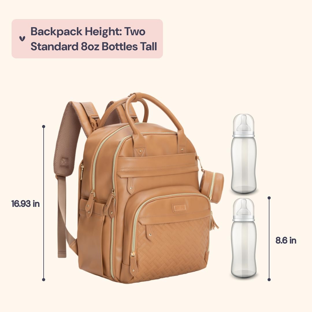 BabbleRoo Leather Diaper Bag Backpack - Baby Essentials Travel Baby Bag, Multi function, Waterproof, with Changing Pad, Stroller Straps & Pacifier Case – Unisex, Light Brown