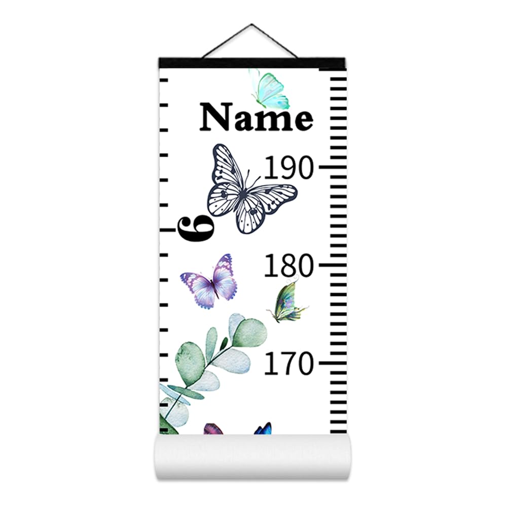 Personalized Growth Chart for Kids, Baby Height Chart with Custom Name, 77"x7.9" Canvas & Black Wood Height Measuring Rulers for Boys Girls Removable Wall Ruler Hanging for Nursery Decor - Butterfly