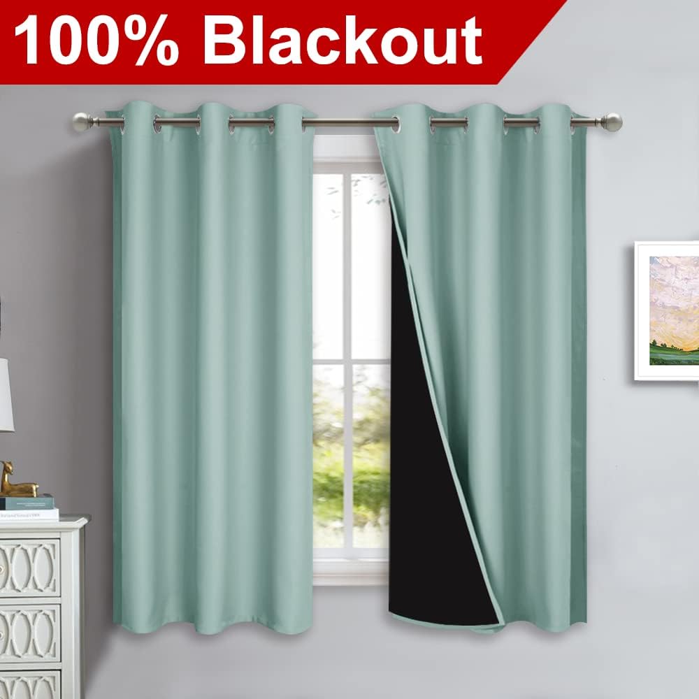NICETOWN Aqua Blue 100% Blackout Lined Curtains, 2 Thick Layers Completely Blackout Window Treatment Panels Thermal Insulated Drapes for Kitchen (1 Pair, 42" Width x 63" Length Each Panel)