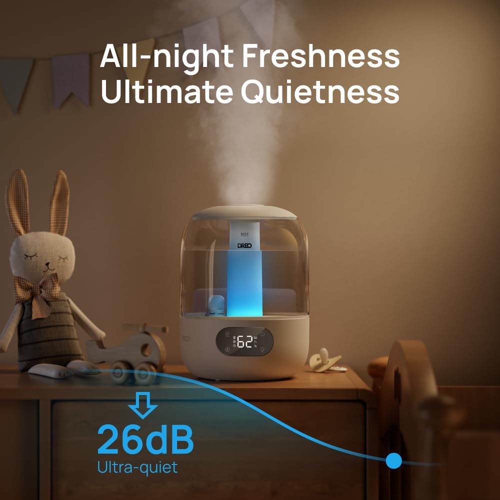 Dreo Humidifiers for Bedroom, 3L Top Fill 30H & 26dB Quiet Runtime for Large Room, Cool Mist Ultrasonic Humidifier with Humidity Sensor, Night Light for Home, Baby, Nursery, Plants, 360° Nozzle, White