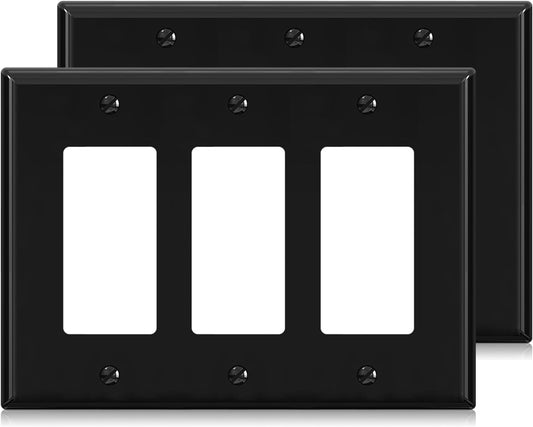 ELEGRP 3-Gang Decorative Wall Plates, Mid-Size 4.88" H x 6.75" L Unbreakable Thermoplastic Faceplate Cover for Decorator Receptacle Outlet Switch, UL Listed (2 Pack, Glossy Black)