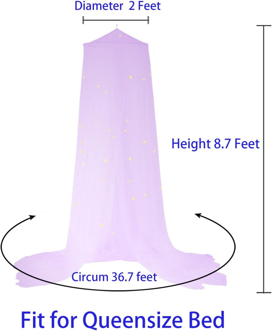 BCBYou Bed Canopy Mosquito Net with Fluorescent Stars Glow in Dark for Baby, Kids, and Adults, for Cover The Baby Crib, Kid Bed, Girls Bed Or Full Size Bed (Purple)