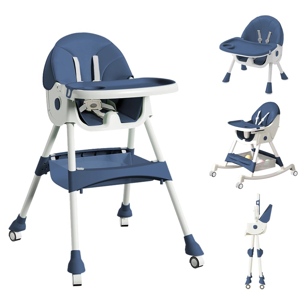 High Chairs for Babies and Toddlers, 4 in 1 Convertible Baby High Chair, Portable High Chair for Travel with Adjustable Height and Back, Foldable HighChair with Wheels& Pu Cushion