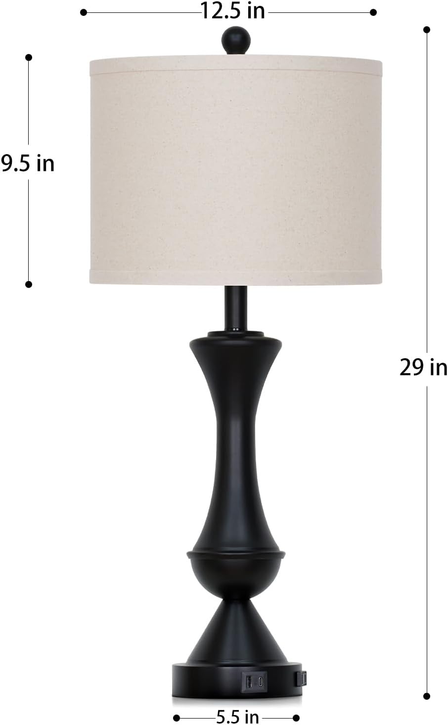 29" Black Tall Table Lamps for Living Room, Touch Control Bedroom Lamp with USB A+C Ports, 3-Way Dimmable Bedside Table Lamps Set of 2, Modern Metal Lamp for Nightstand