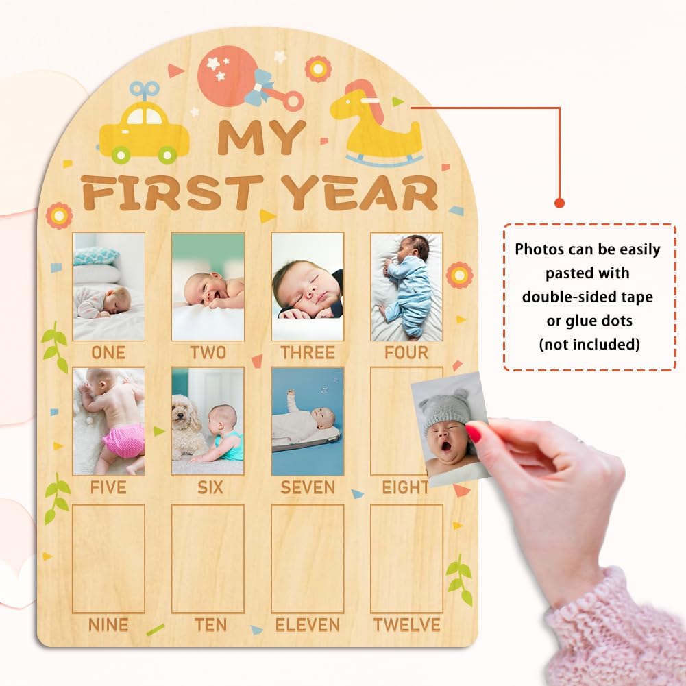 ORIGACH My First Year Baby Growth Photo Display Wood Board - 12 Months Newborn Milestones Photo Board - Neutral Baby Keepsake Frame 1st Birthday Party Nursery Decor New Mom Gift - Car & Rocking Horse