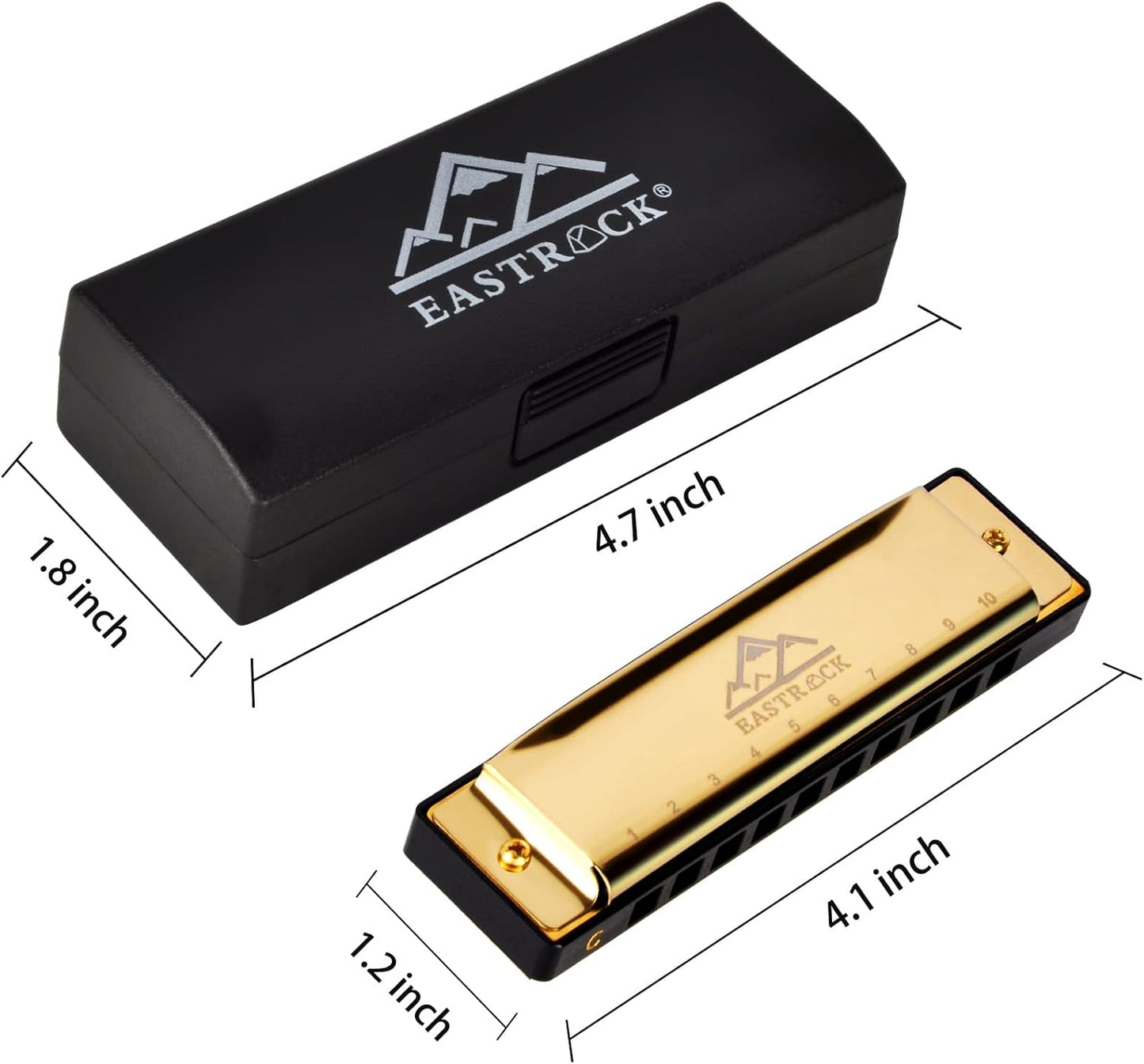 EastRock Blues Harmonica Mouth Organ 10 Hole C Key with Case, Diatonic Harmonica for Professional Player, Beginner, Students gifts, Adult, Friends, Gift (Gold)