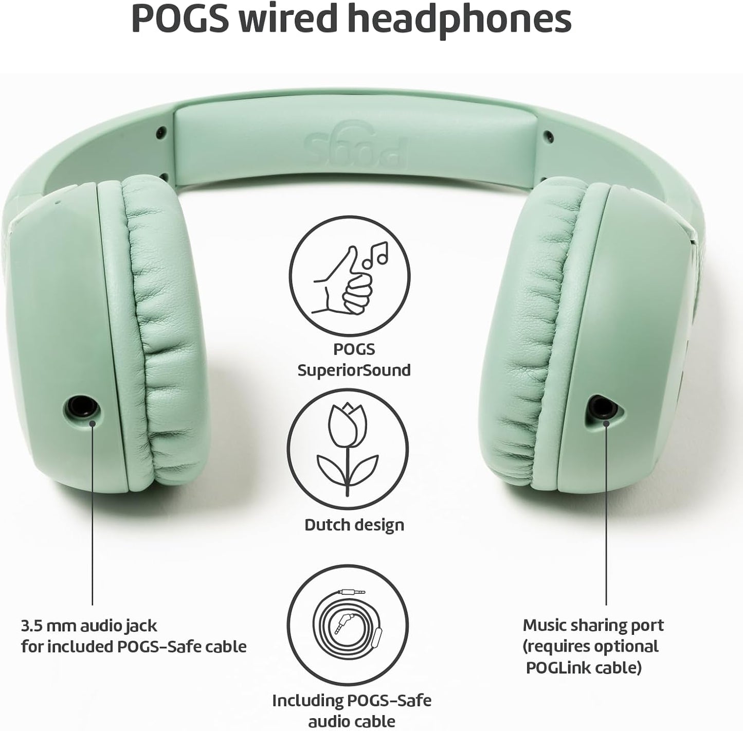 POGS Kids Wired Headphones | The Elephant 2 | Adjustable, Durable Headphones for Kids 3+ | Limited to 85 dB, Microphone | On-Ear | Music-Sharing Function Safe 3.5mm Audio Cable (3.2ft) (rGreen)