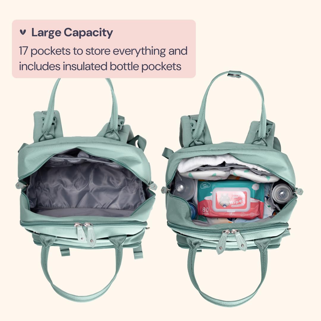 BabbleRoo Diaper Bag Backpack - Baby Essentials Travel Bag - Multi Function Waterproof Diaper Bag, Travel Essentials Baby Bag with Changing Pad, Stroller Straps & Pacifier Case – Unisex, Sage Green