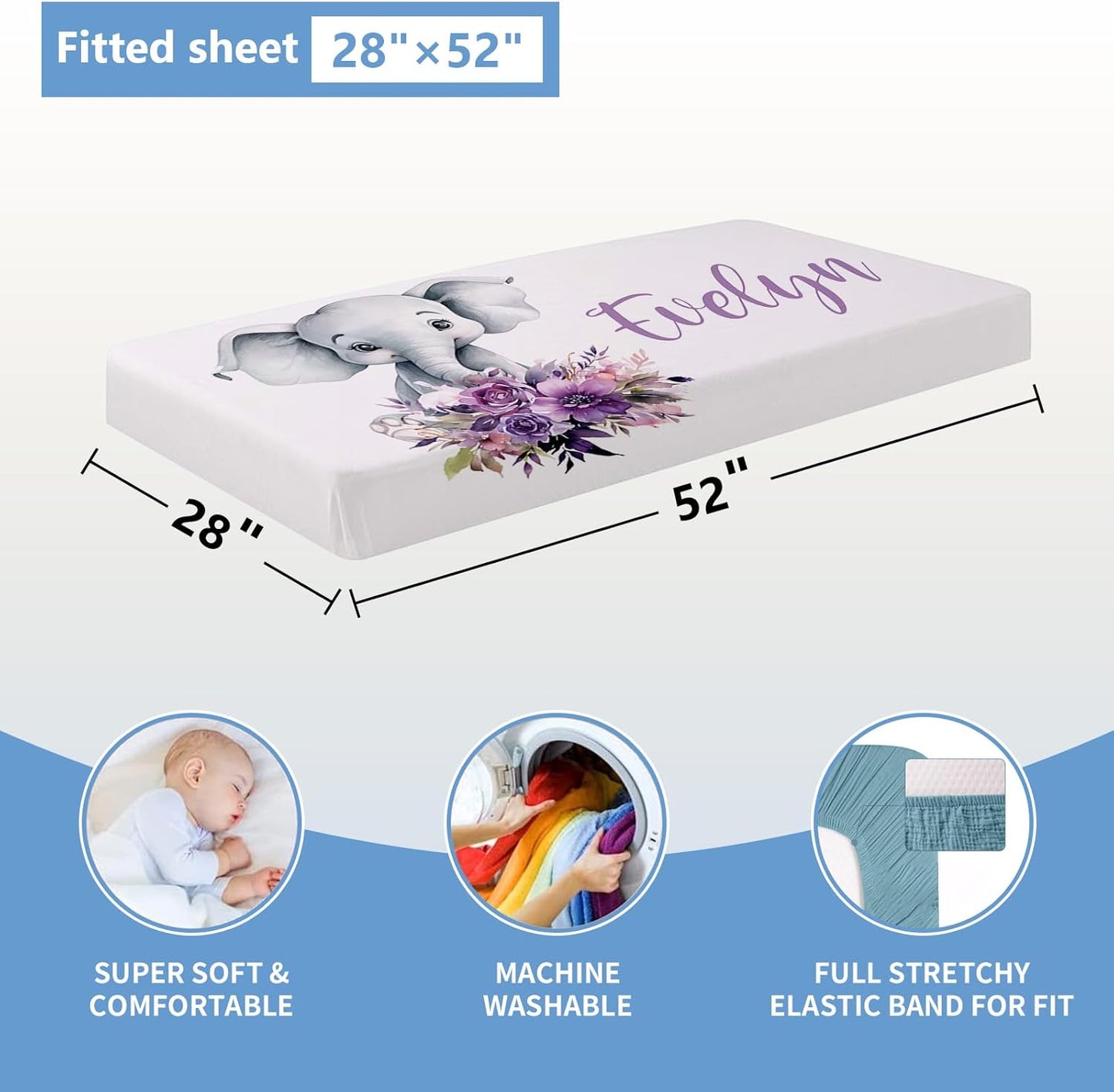 Personalized Baby Crib Bedding Set, 5 Pcs Custom Baby Bedding Set with Name, Double Layer Baby Elephant Crib Set for Girls, Soft Flannel Nursery Bedding Set, Toddlers Infants New Parents Gift