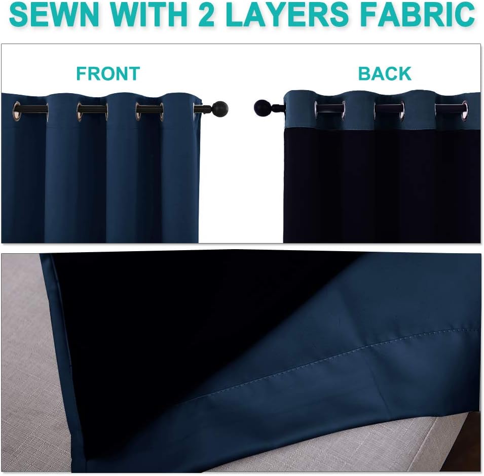 NICETOWN 100% Blackout Curtain Set, Thermal Insulated & Energy Efficiency Window Draperies for Guest Room, Full Shading Panels for Shift Worker and Light Sleepers, Navy Blue, 37W x 70L, 2 PCs