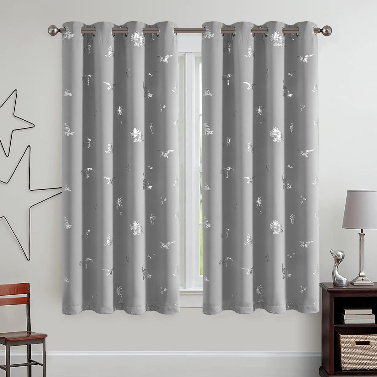 Vangao Grey Blackout Curtains Dinosaur Curtains for Boys Kids Nursery Girls Room Silver Dino Foil Print Thermal Insulated Grommet Top Window Drapes 63 Inches Length 2 Panels