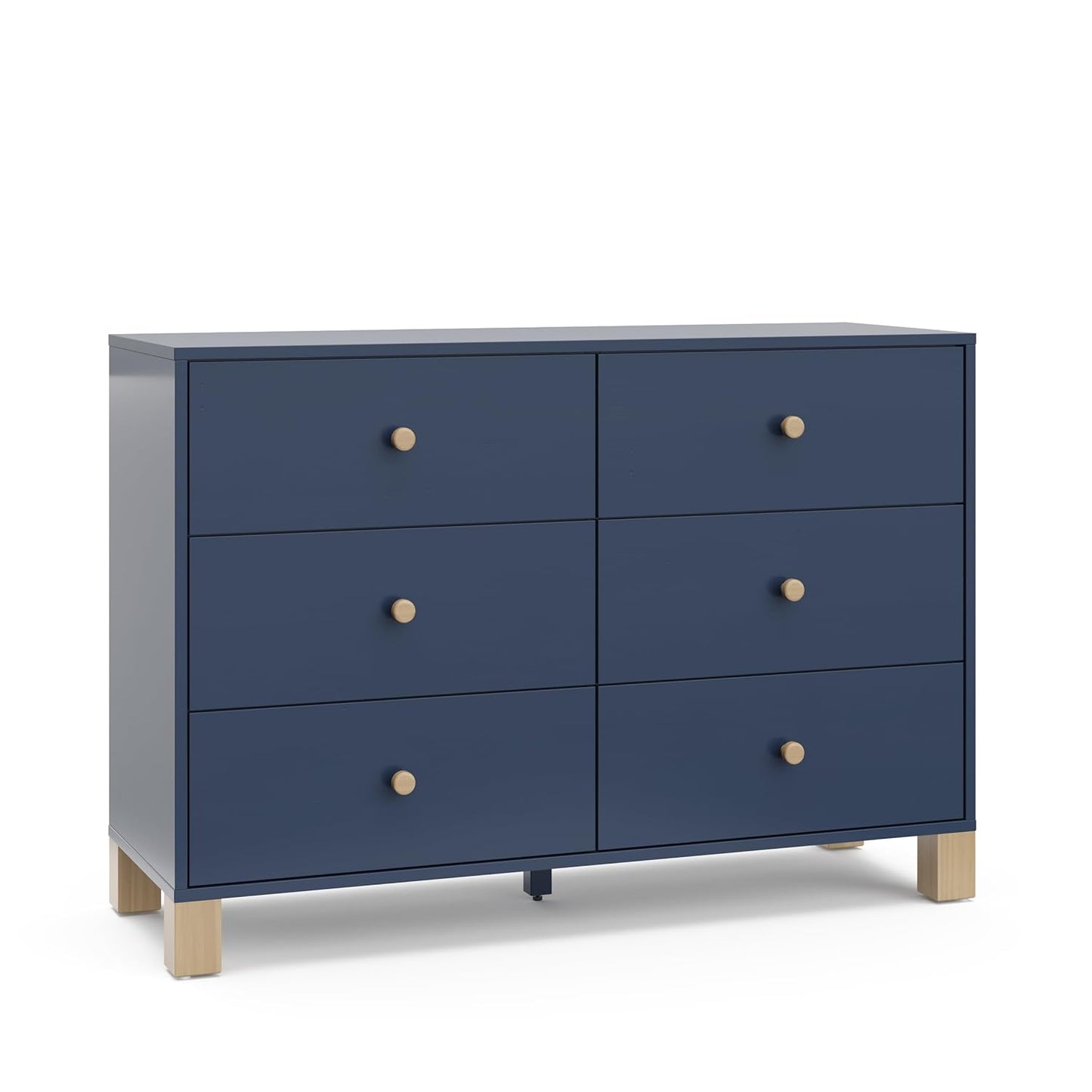 Storkcraft California 6 Drawer Double Dresser (Midnight Blue with Driftwood) – GREENGUARD Gold Certified, Spacious Storage Organizer for Kids’ Room, Safety Interlocking Drawer System