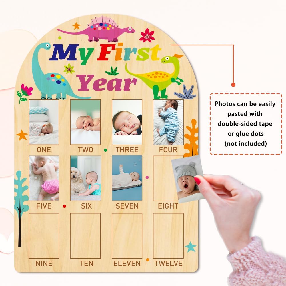 ORIGACH My First Year Baby Growth Photo Display Wood Board - 12 Months Newborn Milestones Photo Board - Neutral Baby Keepsake Board 1st Birthday Party Nursery Decor New Mom Gift - Dinosaur