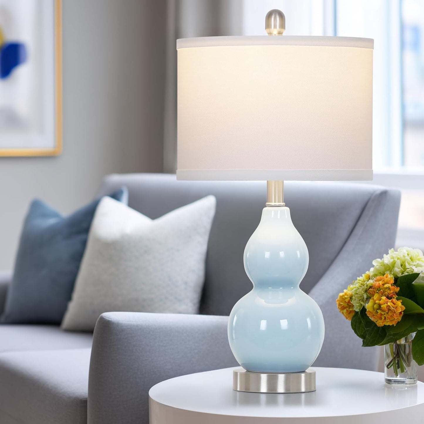 22" Double Gourd Ceramic Table Lamps Set of 2, Blue Modern Bedside Lamps for Living Room, Contemporary Nightstand Desk Lamps for Bedroom End Table Home Office Study Room Decor(2 LED Bulbs Included)