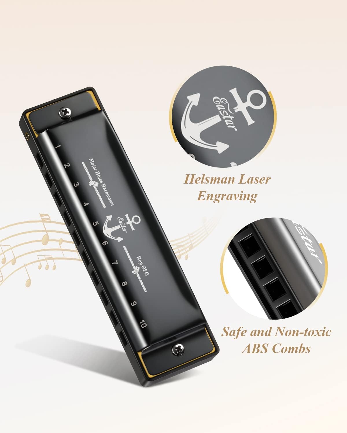 Eastar Major Blues Harmonica, 10 Holes C Key Beginner for Kids Children Adults Students, with Hard Case and Cloth, Black