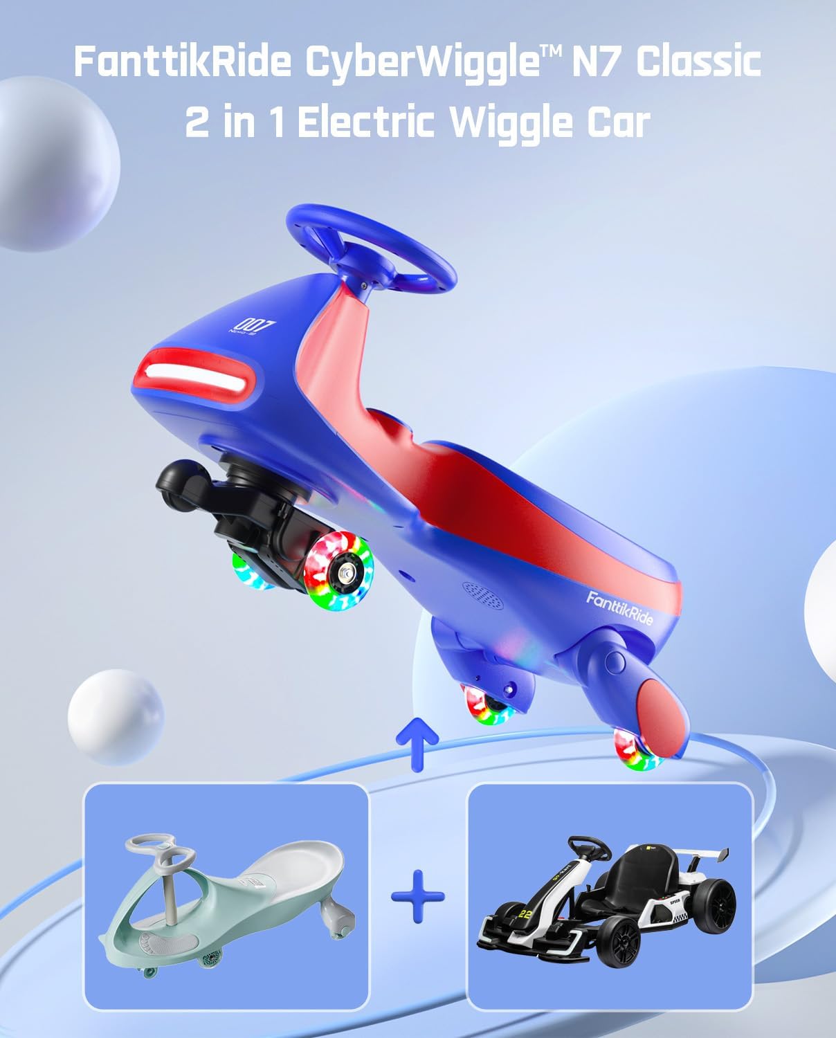 FanttikRide 6V N7 Classic Electric Wiggle Car with Pedal, Rechargeable Battery, Ride on Toys, Swing Car, 2 Speeds, Anti-Rollover, Flashing Light Wheels, Bluetooth, for Ages 3 and Up, 150 Lbs, Blue