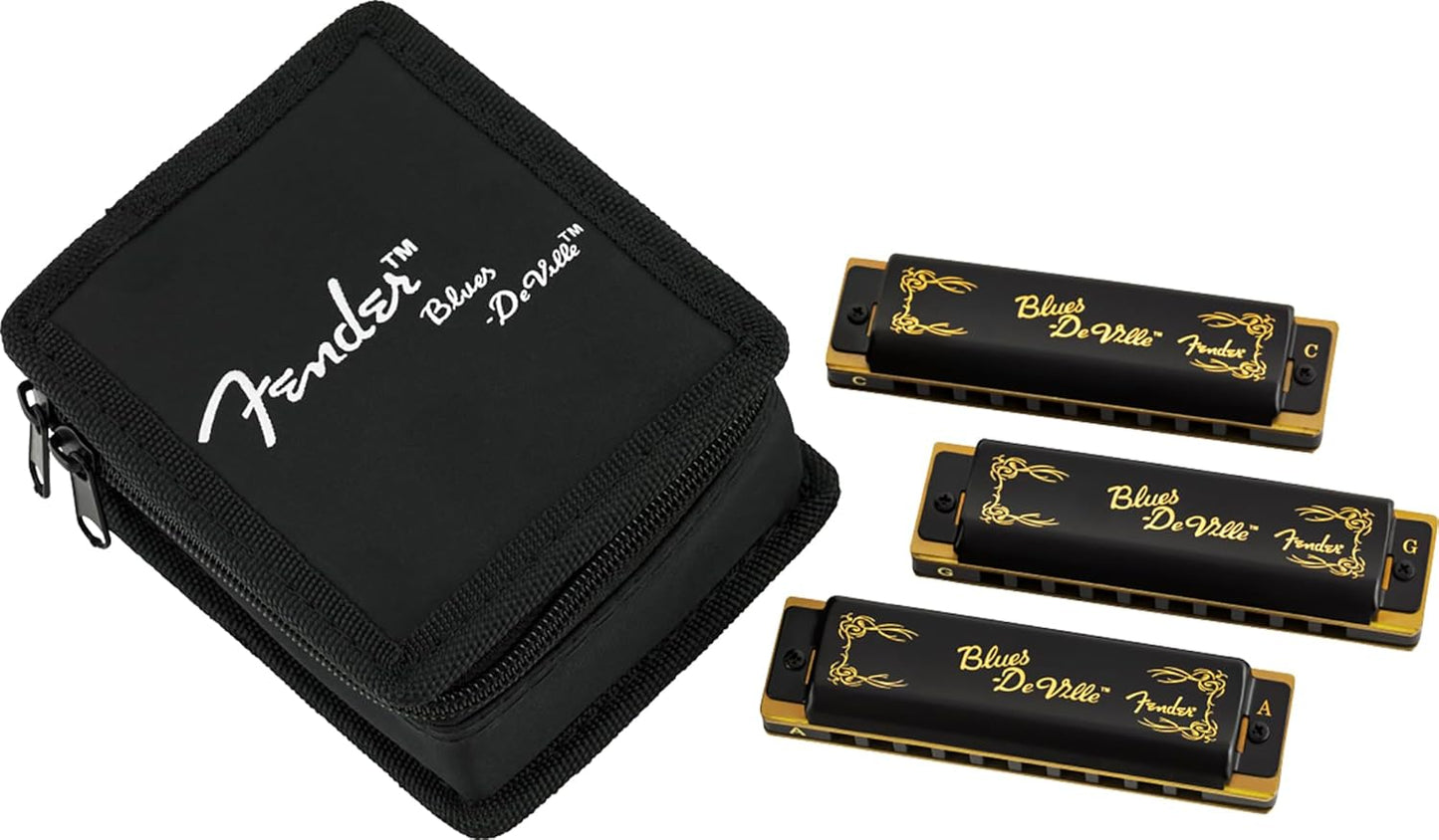 Fender Blues DeVille Harmonica - 3 Pack Bundle with Case, Austin Bazaar Instructional Manual, and Polishing Cloth