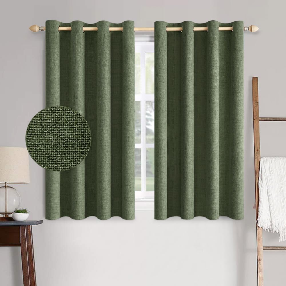 MIULEE 100% Blackout Linen Textured Curtains for Bedroom Solid Thermal Insulated Olive Green Grommet Room Darkening Curtains & Drapes Luxury Decor for Living Room Nursery 52 x 54 Inch (2 Panels)