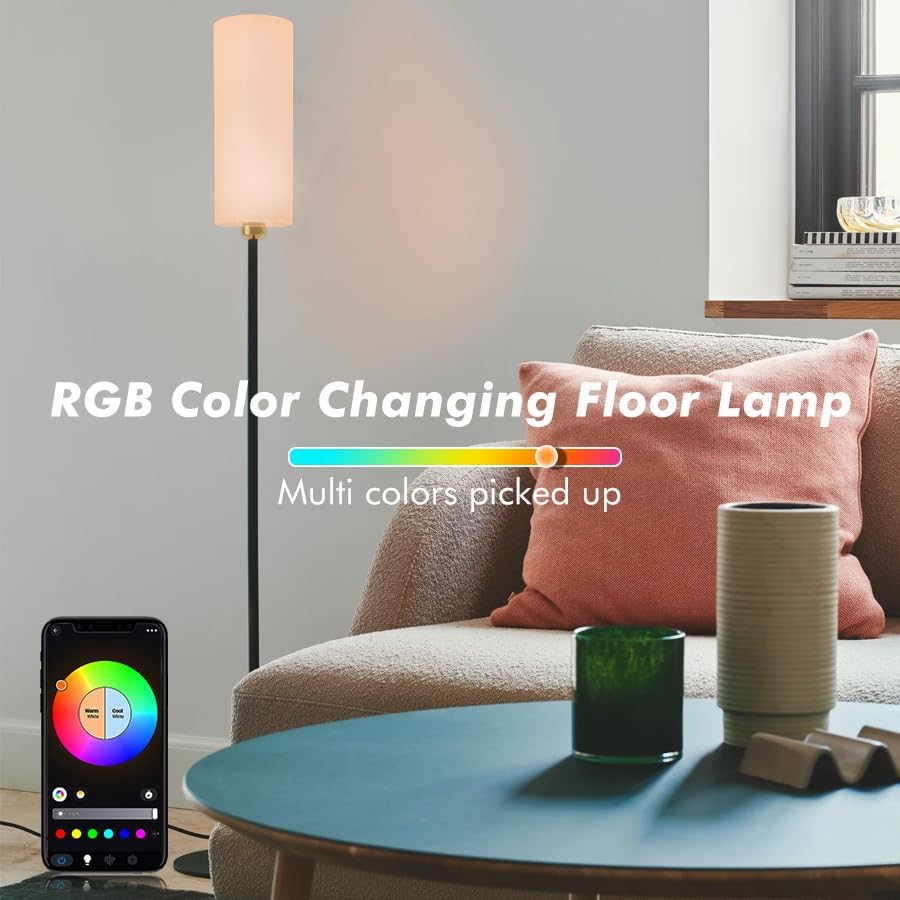 YHW Floor Lamp Works with Alexa & Google 2.4G Remote RGB + Color Temperatures Bright Dimmable Smart LED Lamp, Living Room Standing Tall Pole Modern Black Floor Lamp for Bedroom/Nursery/Office/Corner.