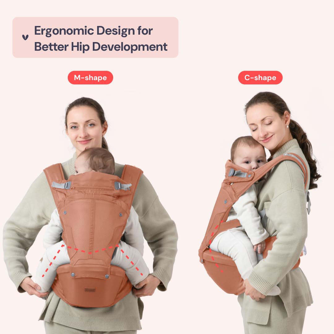 BabbleRoo Grow Carrier – Safety-Certified 6-in-1 Baby Carrier with Hip Seat, Ergonomic & Adjustable Toddler Carrier 7-50 lbs with Hip Support, Hood for Sun Protection, Newborn to Toddler,Kangaroo Rose