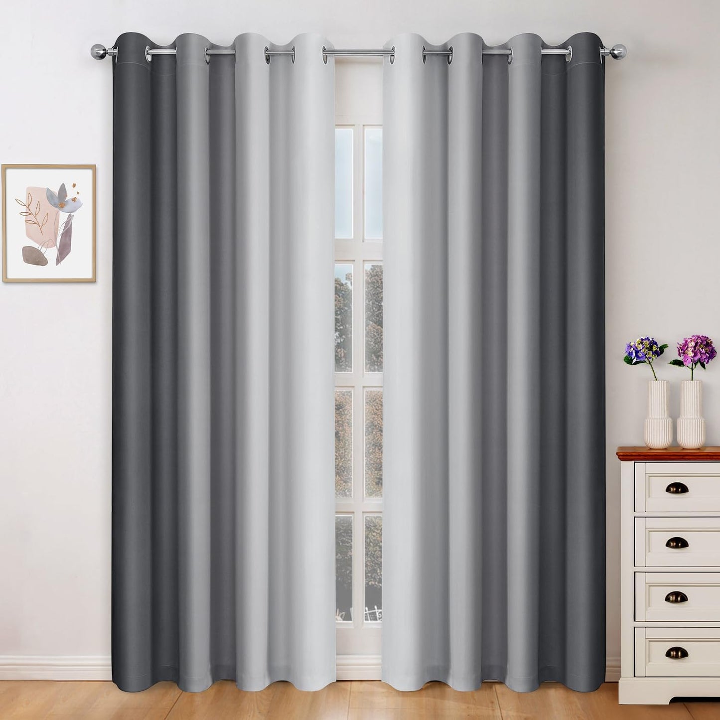 HOMEIDEAS Gray Grey Ombre Blackout Curtains, 52 X 84 Inch Length Gradient Color Room Darkening Curtains with Grommet Thermal Insulated Window Drapes for Living Room, Bedroom, 2 Panels