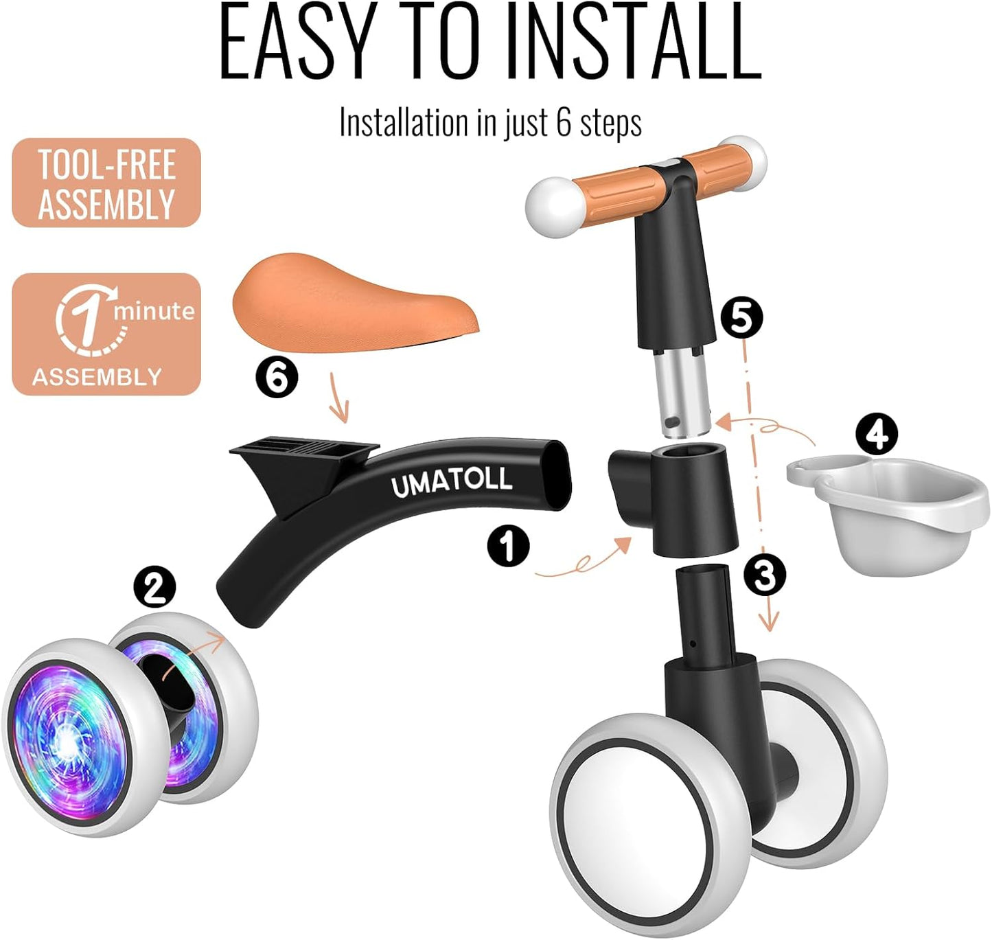 Umatoll Colorful Lighting Baby Balance Bike Toys for 1 Year Old Boys Gifts, Adjustable Seat Baby Walker, One Year Old Boy Birthday Gifts, 12-24 Months Toddler First Ride on Toys