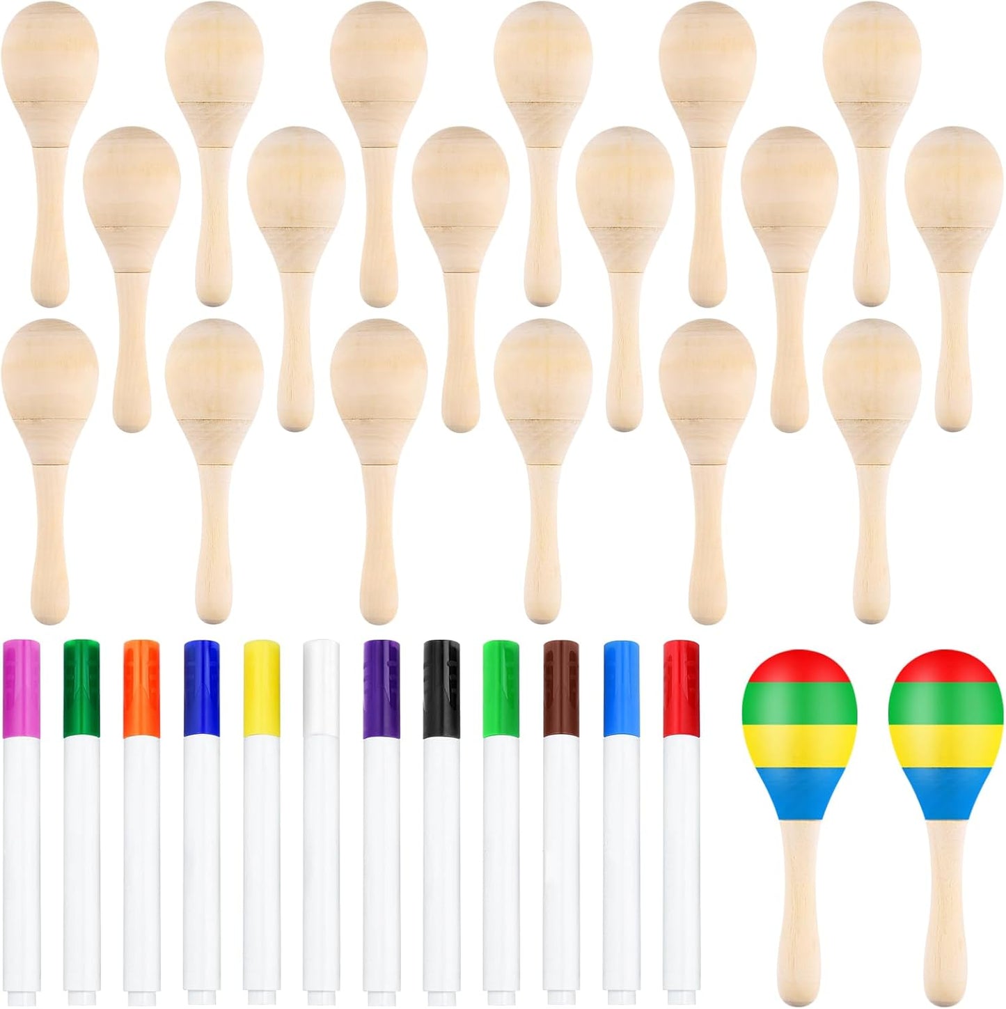 20Pcs DIY Wooden Maracas for Kids, Mini Maracas for Mexican Fiesta Party Favors with 12Pcs Multicolor Pens, Cinco De Mayo Party Supplies