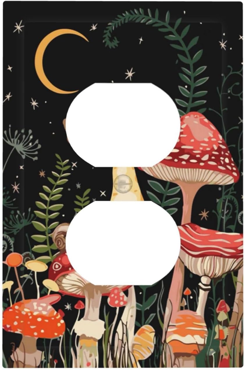 Moon Star Red Mushroom Forest Butterfly Green Plant Outlet Covers 1 Gang Duplex Light Switch Cover Decorative Switch Plates Electrical Receptacle Faceplate Wall Plate for Kids Room Home Decor