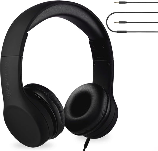 LilGadgets Connect+ Wired Kids Headphones for School with Mic, Volume Limited & Noise Reduction, On-Ear Headset with Cord, SharePort Technology for Multiple Kids & SoftTouch Padding, Black