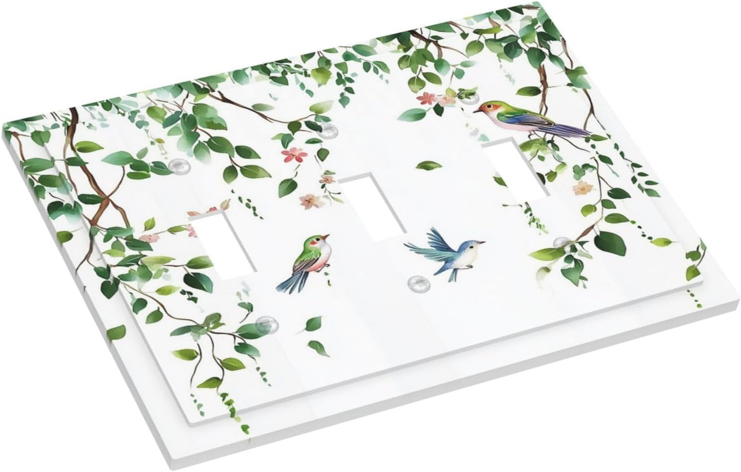 Decorative Switch Plates Green Leaves Bird Eucalyptus Sage Plant 3 Gang Wall Plate Triple Toggle Light Switch Cover Faceplate Electrical Wall Panels For Bed Room Living Room Decor