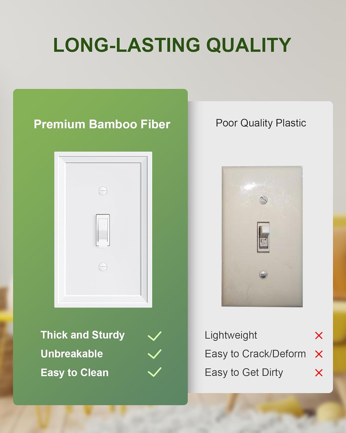 6-Pack Single Toggle Light Switch Covers Wall Plate, Pure White Decorative Switch Plate Covers, 1 Gang Natural Bamboo Fiber Wall Plate, Corrosion Resistant