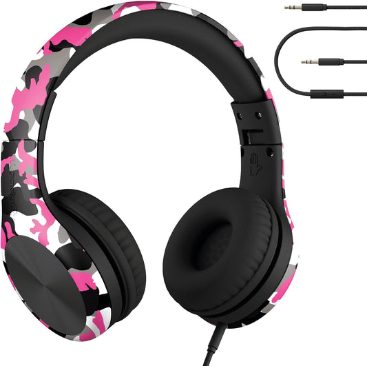 LilGadgets Connect+ Pro Wired Kids Headphones for School w/Microphone, Volume Limiting & Noise Reducing Over-Ear Headset w/Cord, SharePort Technology & SoftTouch Padding, Pink Camo Wired Headphones