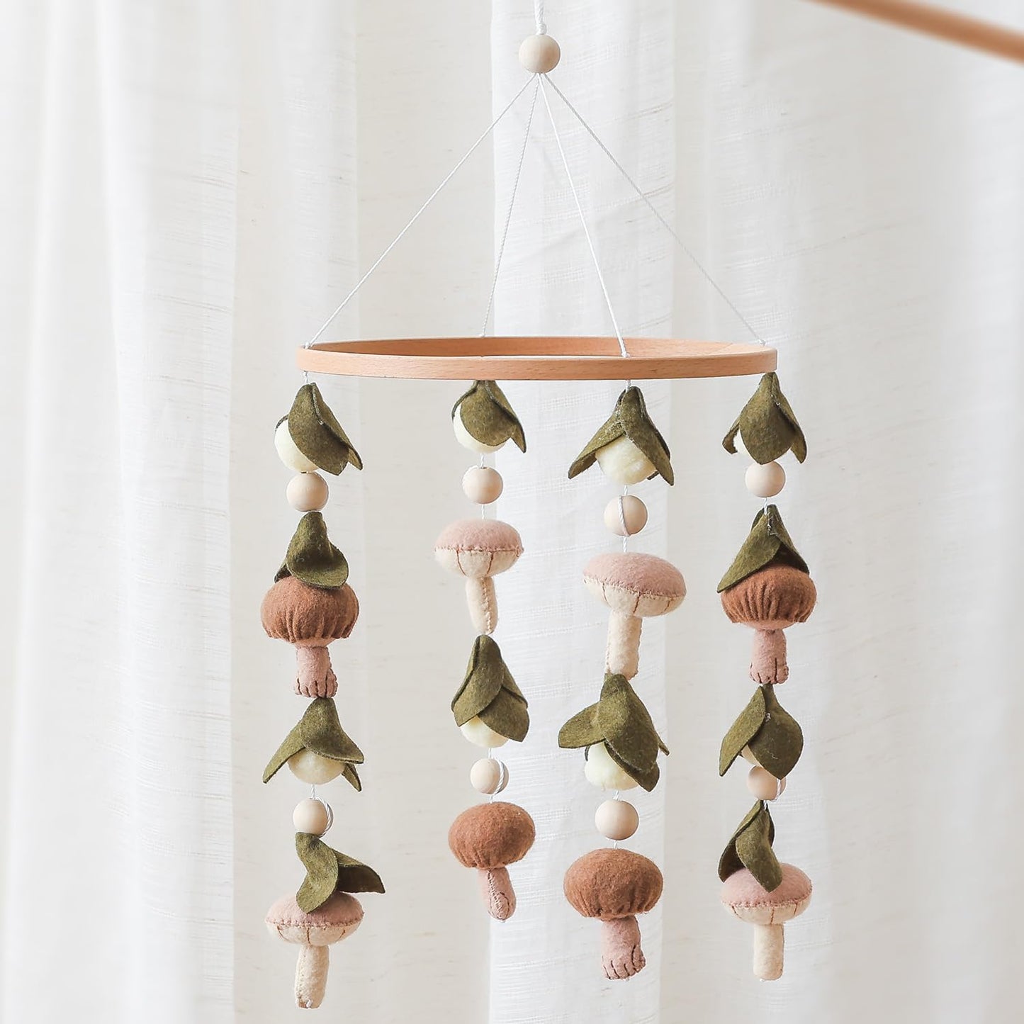 Baby Mobile for Crib,Crib Mobile for Boys Girls, Soft Crib Toys Hanging，Baby Mobile for Bassinet，Boho Nursery Decor Neutral（Mushroom，Leaves,Cotton）