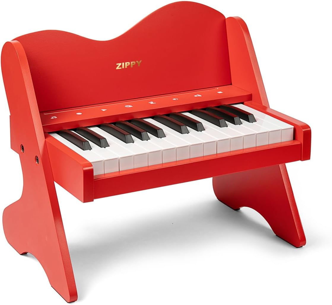 ZIPPY Kids Piano Keyboard, 25 Keys Digital Piano for Kids, Touch Sensitive Control Panel, Volume Adjustable, Mini Music Educational Instrument Toy, Wood Toy for Toddlers Girls Boys (Red)