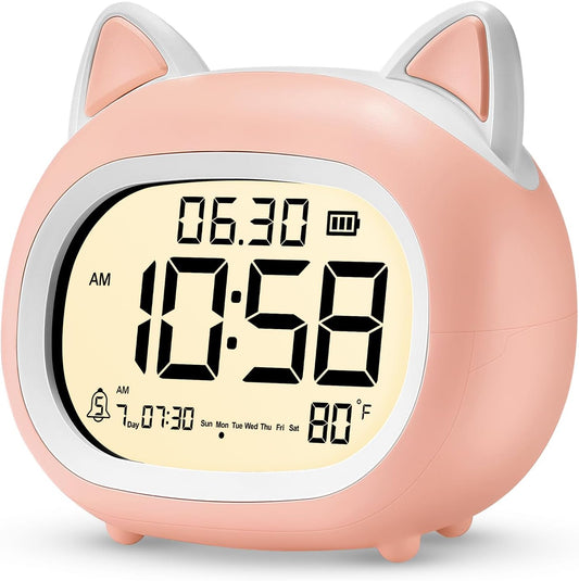 Kids Alarm Clock with Night Light for Kids, Small Digital Alarm Clocks for Bedrooms, Routine Builder, Cute Cat Alarm Clock with Sleep Training, Snooze, 12/24H, Date & Day, Temperature, USB Port