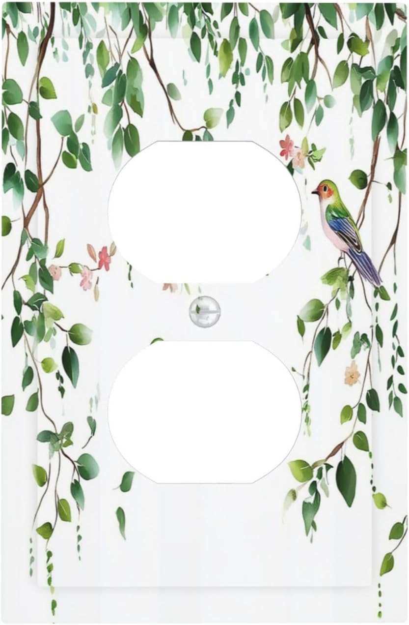 Outlet Covers Green Leaves Bird Eucalyptus Sage Plant 1 Gang Duplex Light Switch Cover Decorative Switch Plates Electrical Receptacle Faceplate Wall Plate For Bed Room Living Room