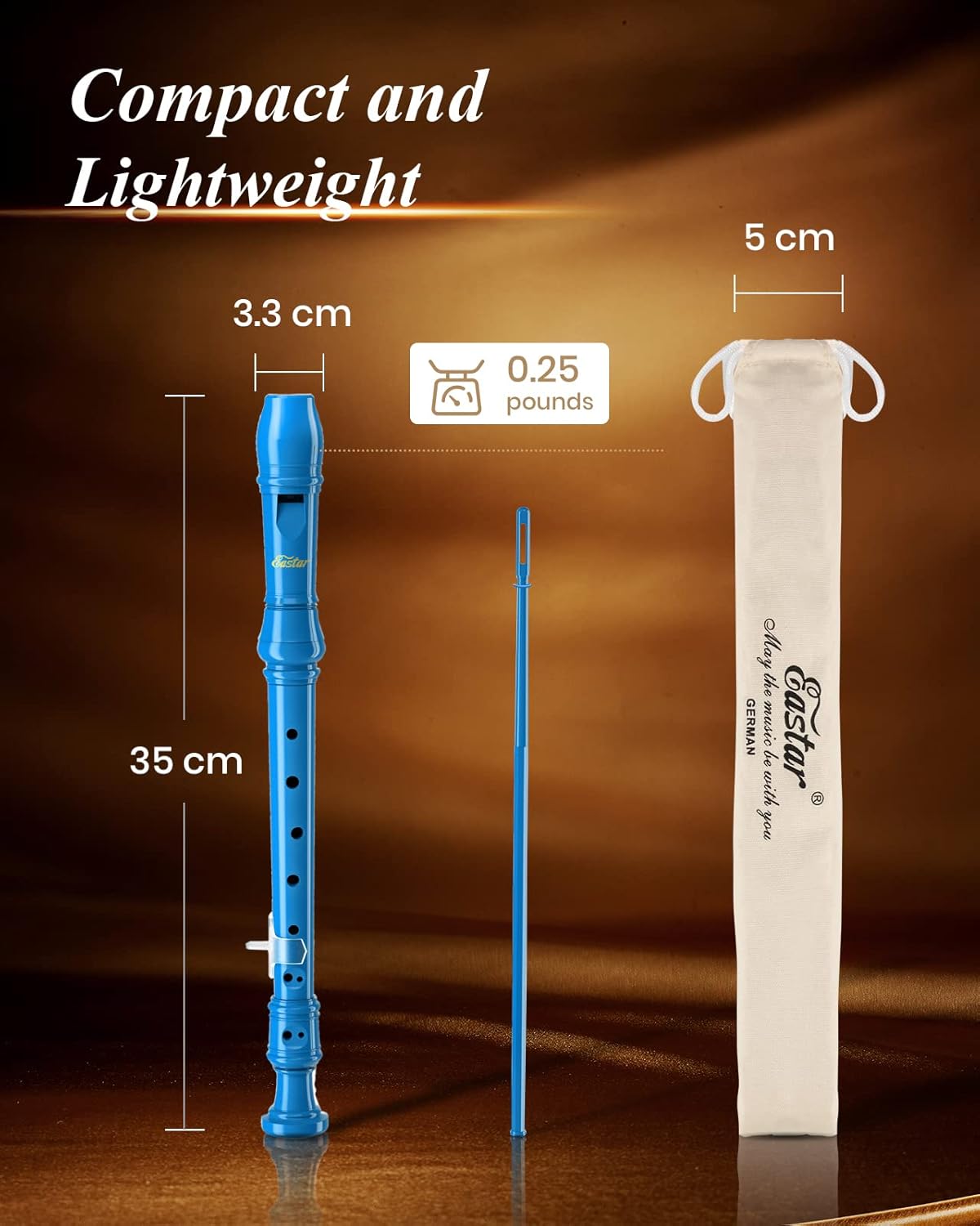 Eastar Soprano Recorder Instrument for Kids Beginners, German Fingering C Key with Cleaning Kit, Thumb Rest, Cotton Bag, Fingering Chart, ERS-21GB, Blue, School-Approved