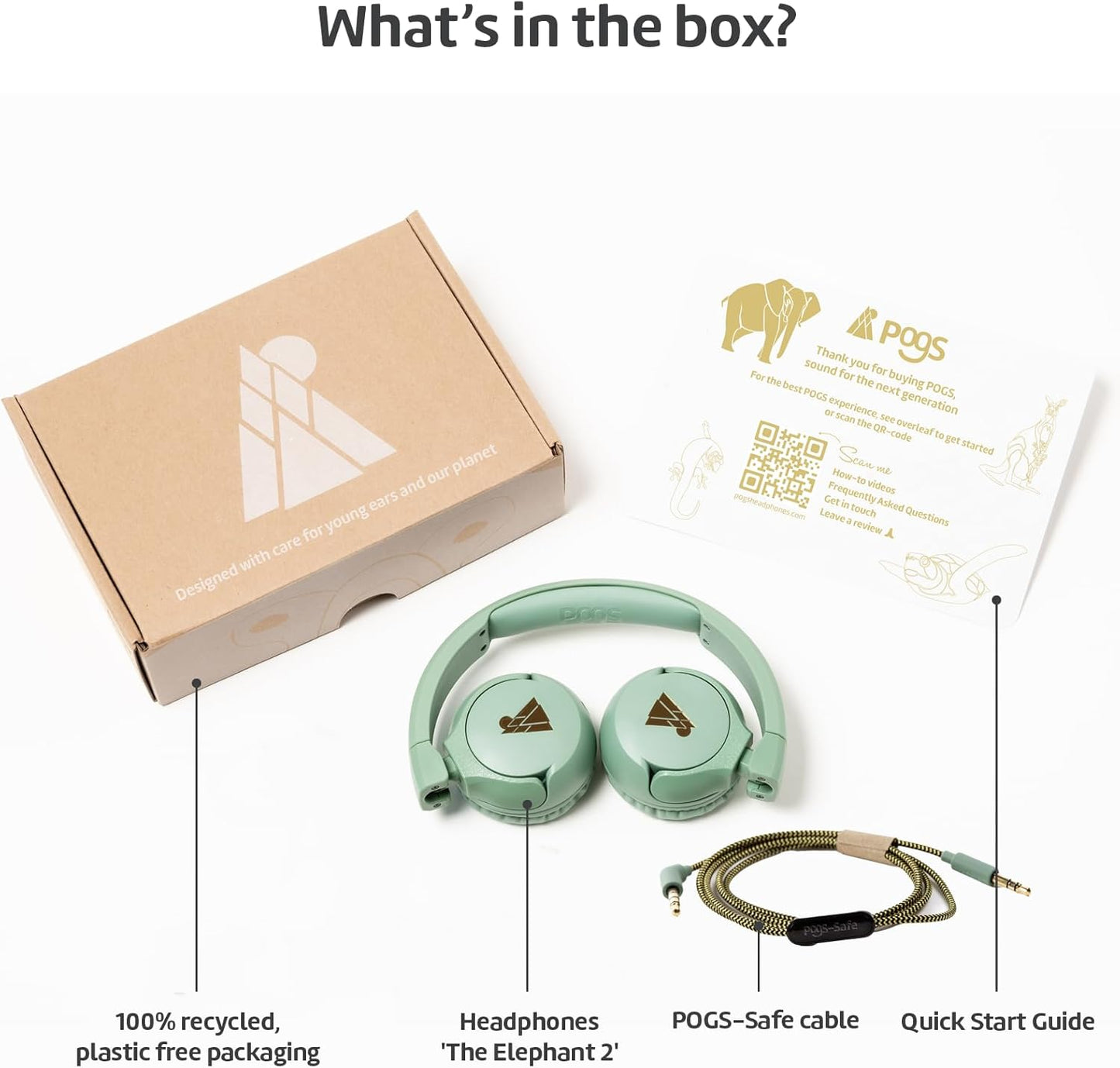 POGS Kids Wired Headphones | The Elephant 2 | Adjustable, Durable Headphones for Kids 3+ | Limited to 85 dB, Microphone | On-Ear | Music-Sharing Function Safe 3.5mm Audio Cable (3.2ft) (rGreen)