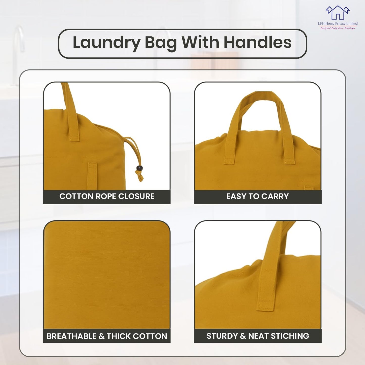 LFH Home Cotton Canvas Large Laundry Bag with Handle, Heavy Duty Drawstring Closure Washable Laundry Bags, School Travel, Home, Hotel, College Dorm, Organizer Sack, Toys Clothes 24x36-Yellow