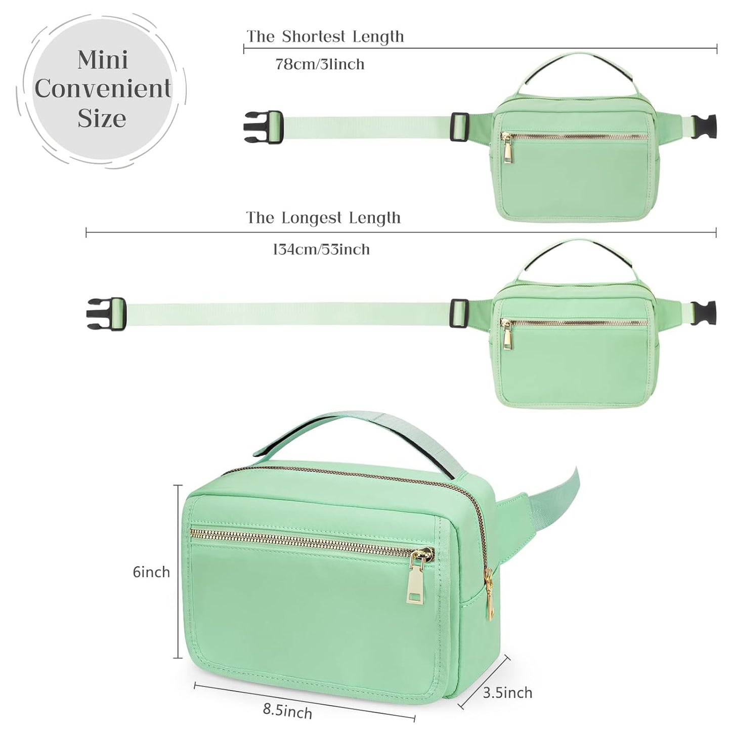 printe Small Diaper Bag with Portable Changing Pad, Crossbody Funny Bag Pack with Wipes Pocket, Women Waist Bag for Travel, Mint Green