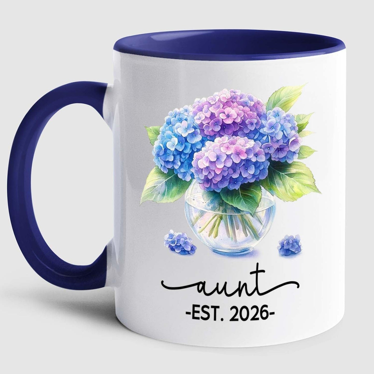 Personalized Year Name Aunt Coffee Mug Gift For Pregnancy Reveal Birthday, Customized Aunt EST 2026 Accent Cup, Hydrangea Auntie White Coffee Cup 11 15 Oz, Auntie to Be Mug Gift For Sister Besties