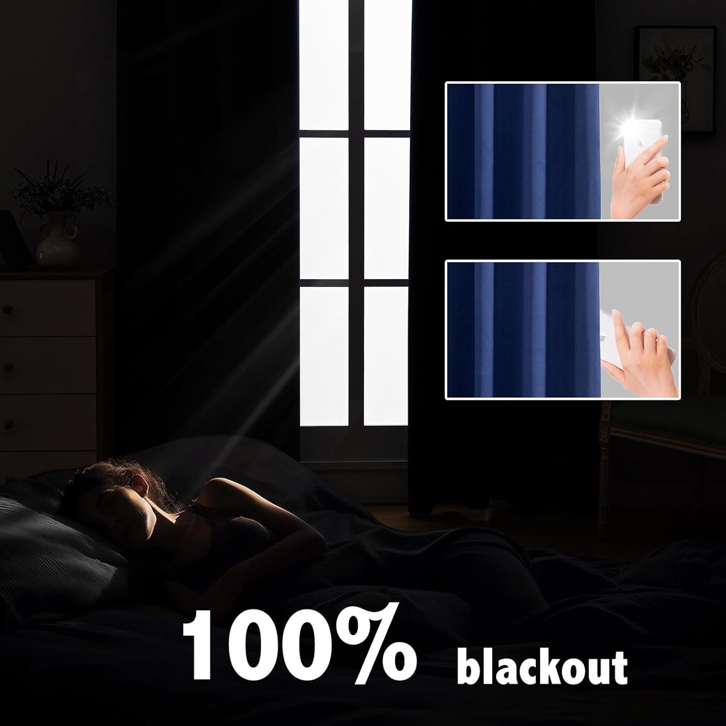 Anytime 100% Blackout Curtain Set, Thermal Insulated & Energy Efficiency Window Draperies for Guest Room, Full Shading Panels for Shift Worker and Light Sleepers（Navy Blue, 2 Panels, 37W x 84L）