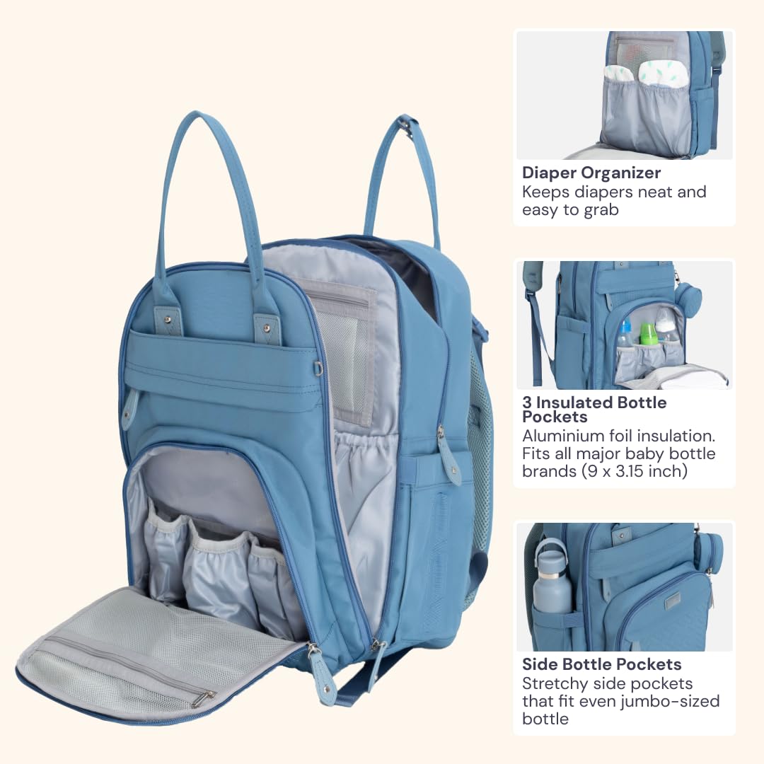 BabbleRoo Diaper Bag Backpack - Baby Essentials Travel Tote - Multi function Waterproof Diaper Bag, Travel Essentials Baby Bag with Changing Pad, Stroller Straps & Pacifier Case - Unisex, Light Blue